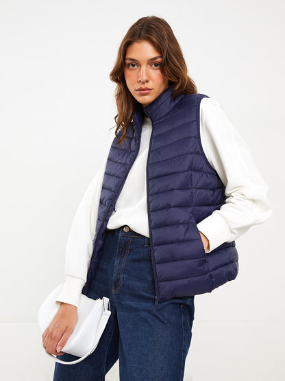 Women's High Collar Plain Puffer Vest