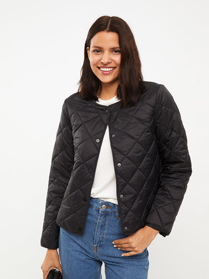 Crew Neck Quilted Patterned Long Sleeve Women's Puffer Coat