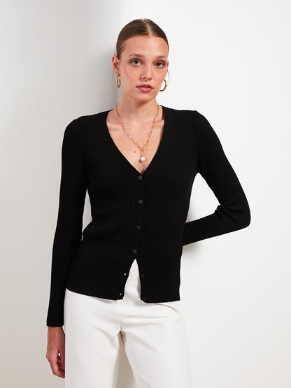 V-Neck Plain Long Sleeve Women's Knitwear Cardigan