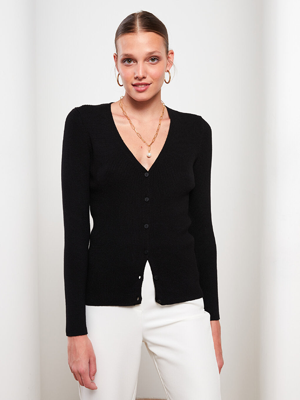 V-Neck Plain Long Sleeve Women's Knitwear Cardigan