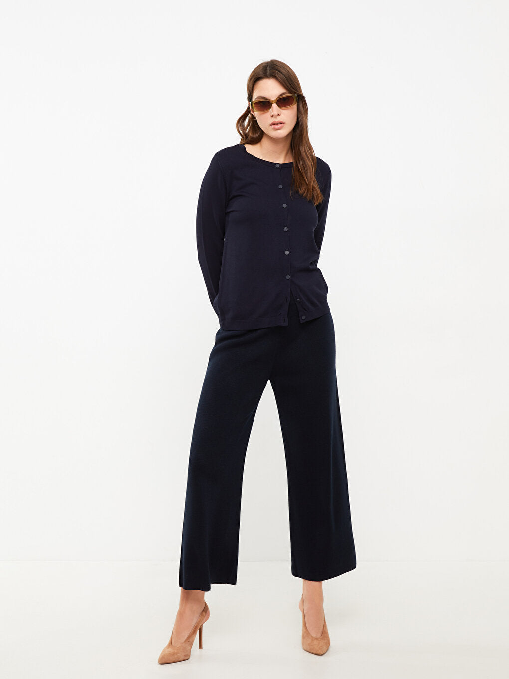 Plain Women's Knitwear Trousers with Elastic Waist