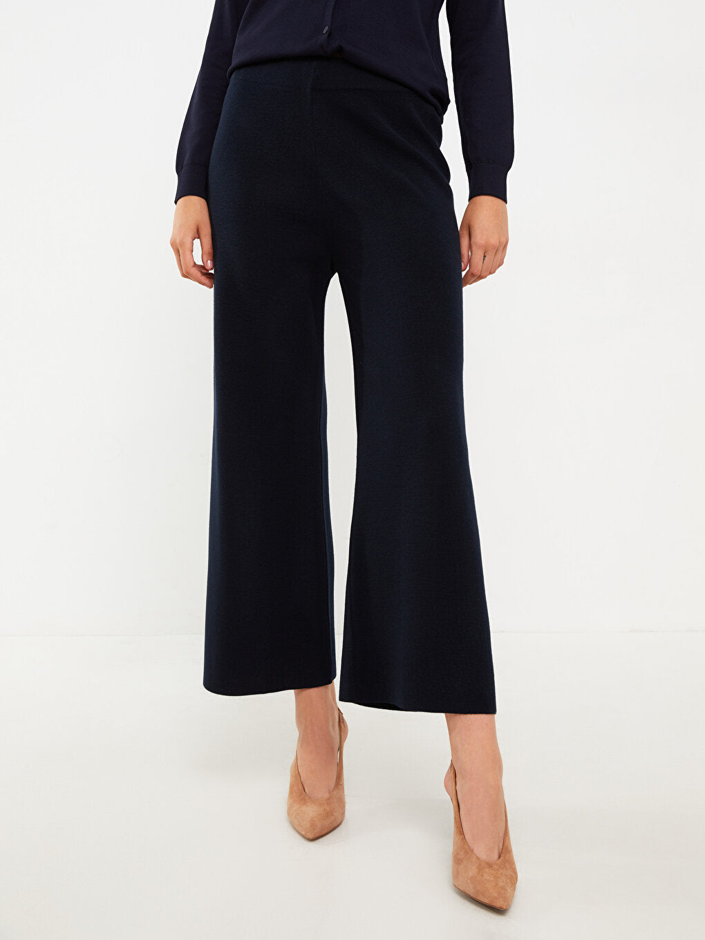 Plain Women's Knitwear Trousers with Elastic Waist