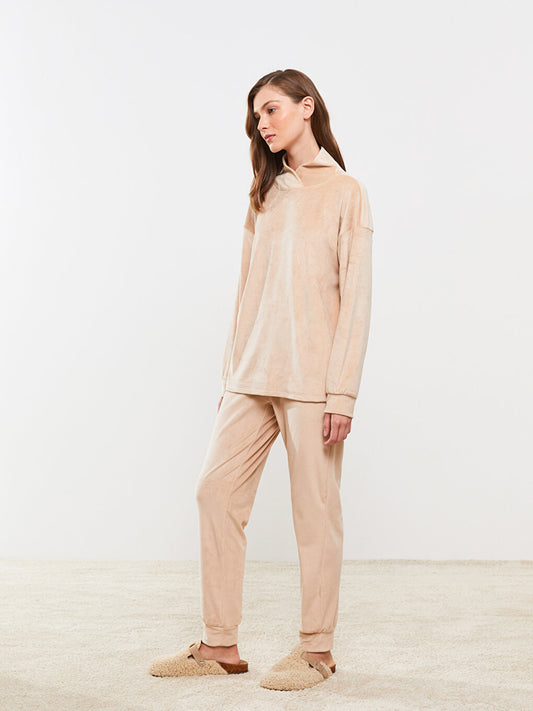 High Collar Plain Long Sleeve Velvet Women's Pajama Set