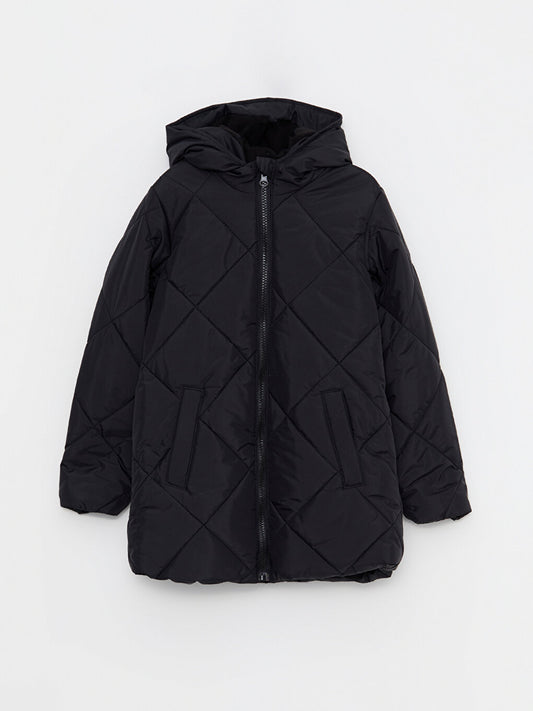 Hooded Quilted Patterned Girl's Coat