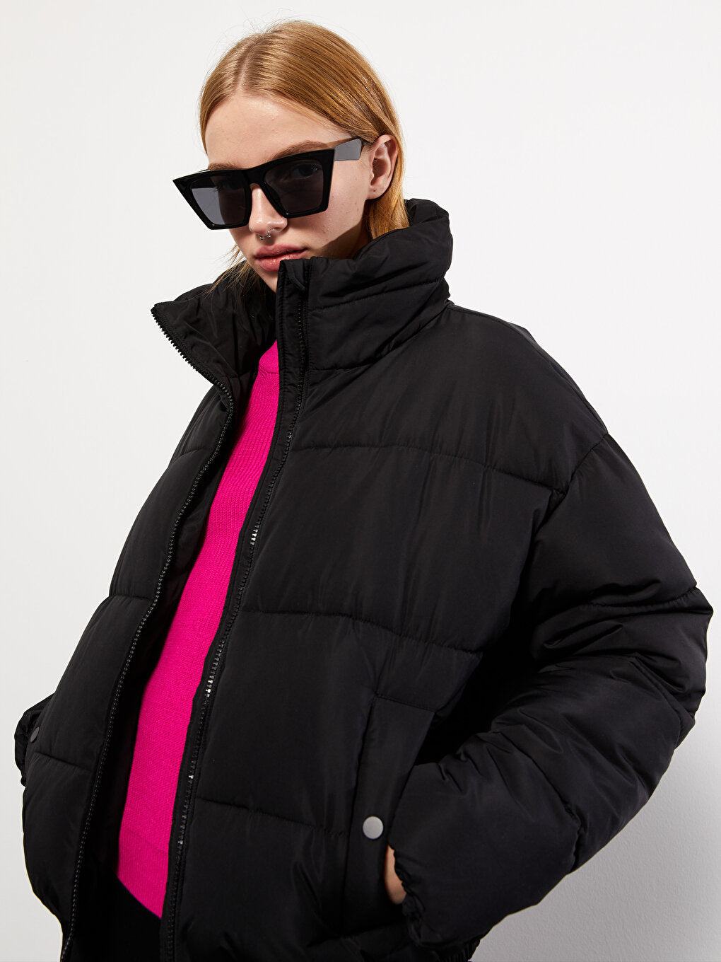 Stand-up Collar Plain Long Sleeve Women's Puffer Coat