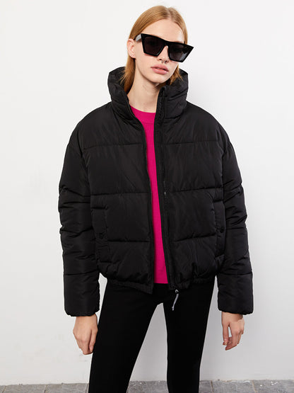 Stand-up Collar Plain Long Sleeve Women's Puffer Coat