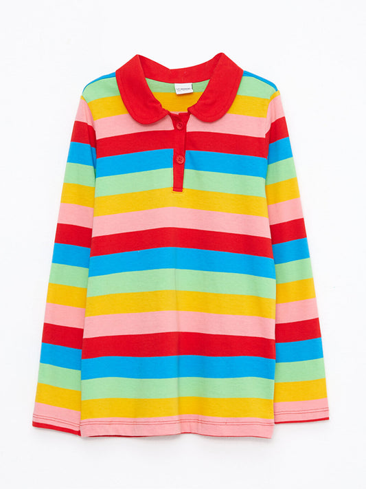 Polo Neck Striped Long Sleeve Girls T-Shirt