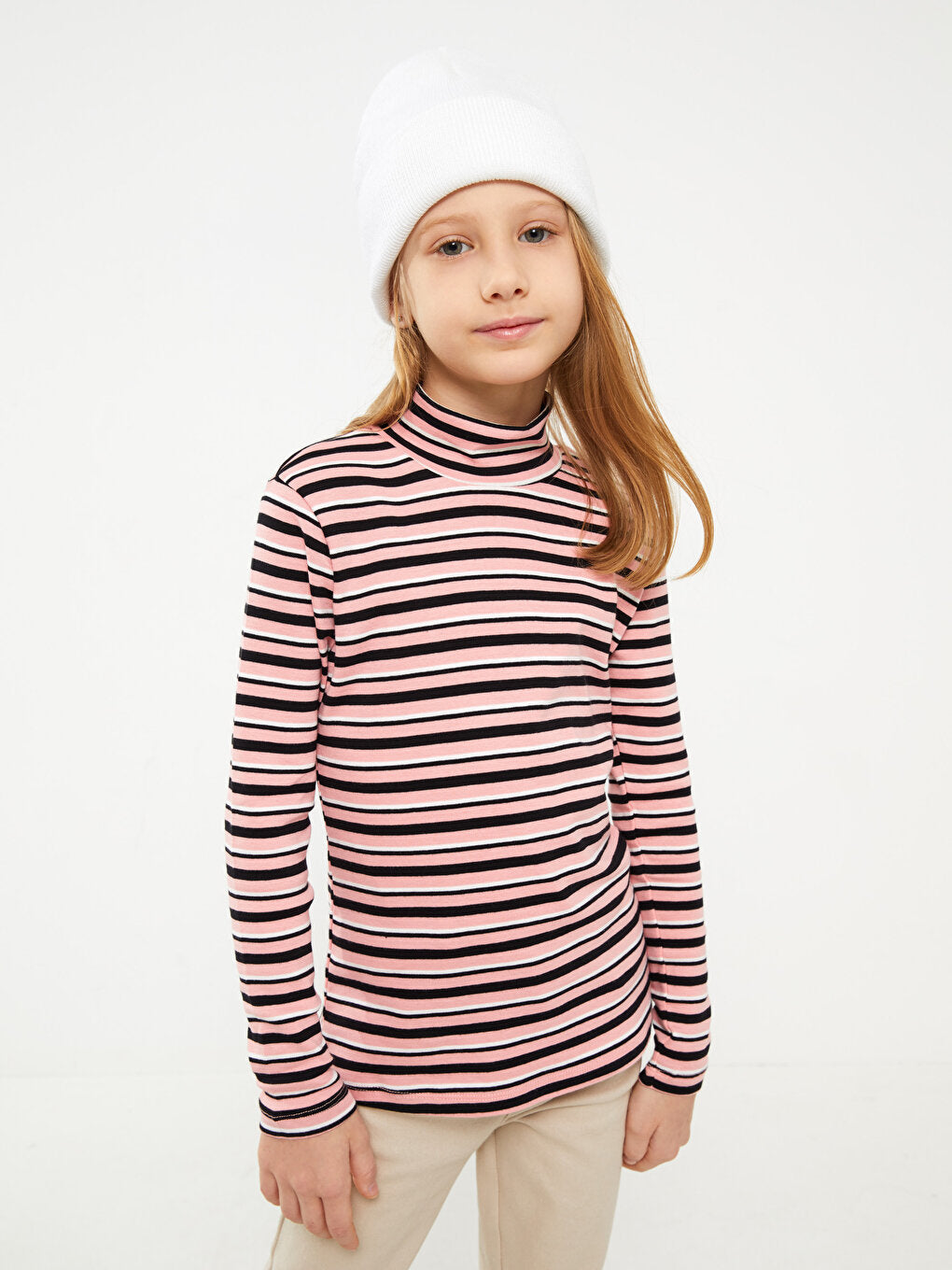 Half Turtleneck Striped Long Sleeve Girl's T-Shirt