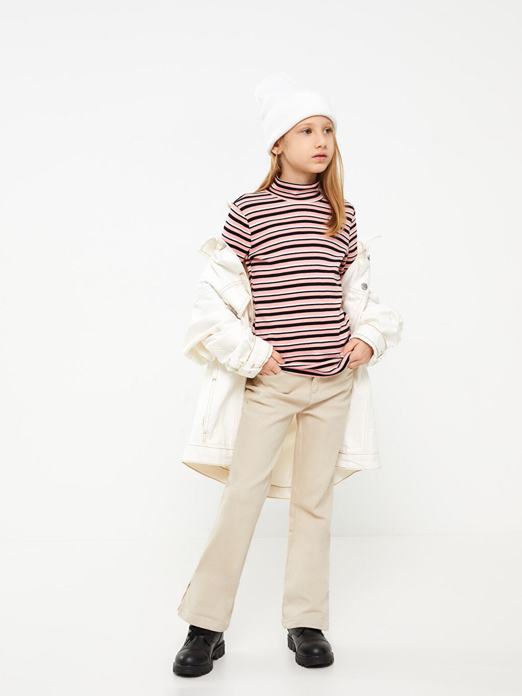 Half Turtleneck Striped Long Sleeve Girl's T-Shirt