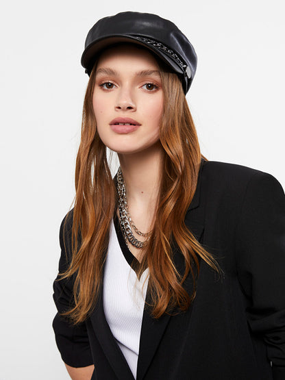 Leather Look Women's Sailor Hat with Chain Detail