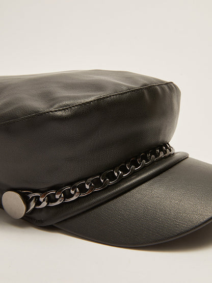 Leather Look Women's Sailor Hat with Chain Detail