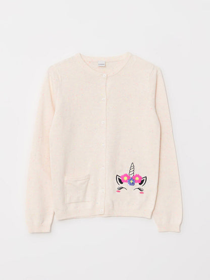 Crew Neck Embroidered Long Sleeve Girl's Knitwear Cardigan