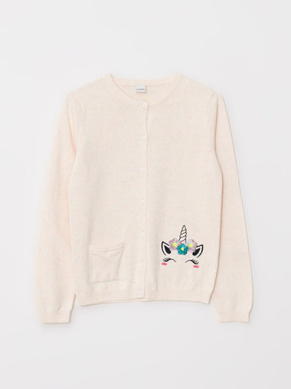 Crew Neck Embroidered Long Sleeve Girl's Knitwear Cardigan