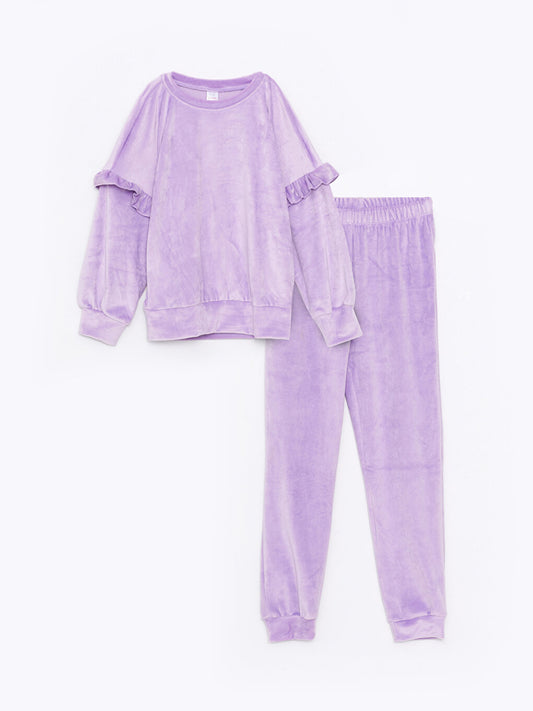 Crew Neck Basic Long Sleeve Velvet Girls' Pajama Set