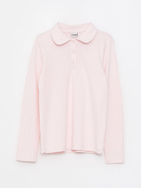 Polo Neck Self-Patterned Long Sleeve Girls' T-Shirt