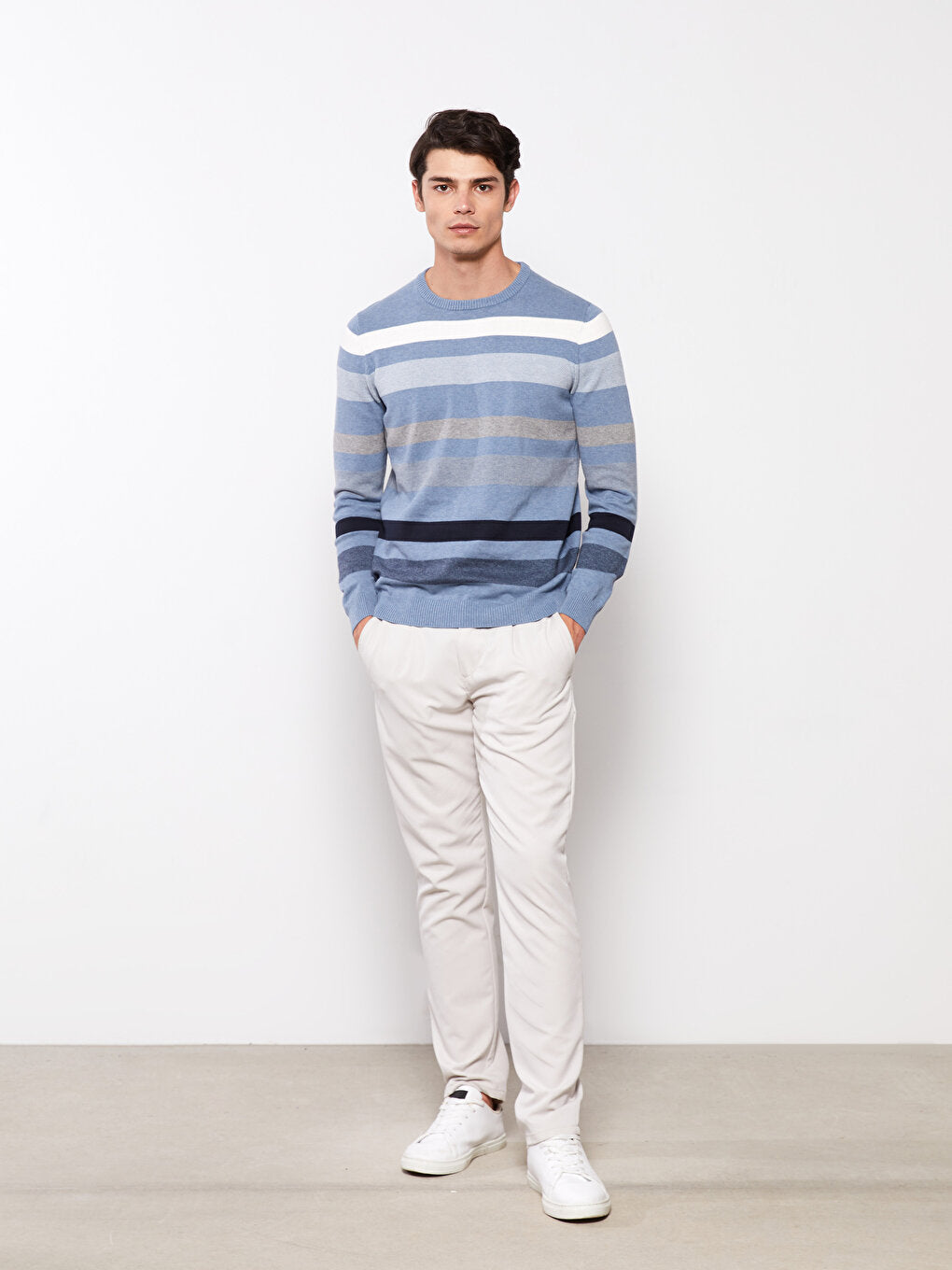 Crew Neck Long Sleeve Striped Men's Knitwear Sweater