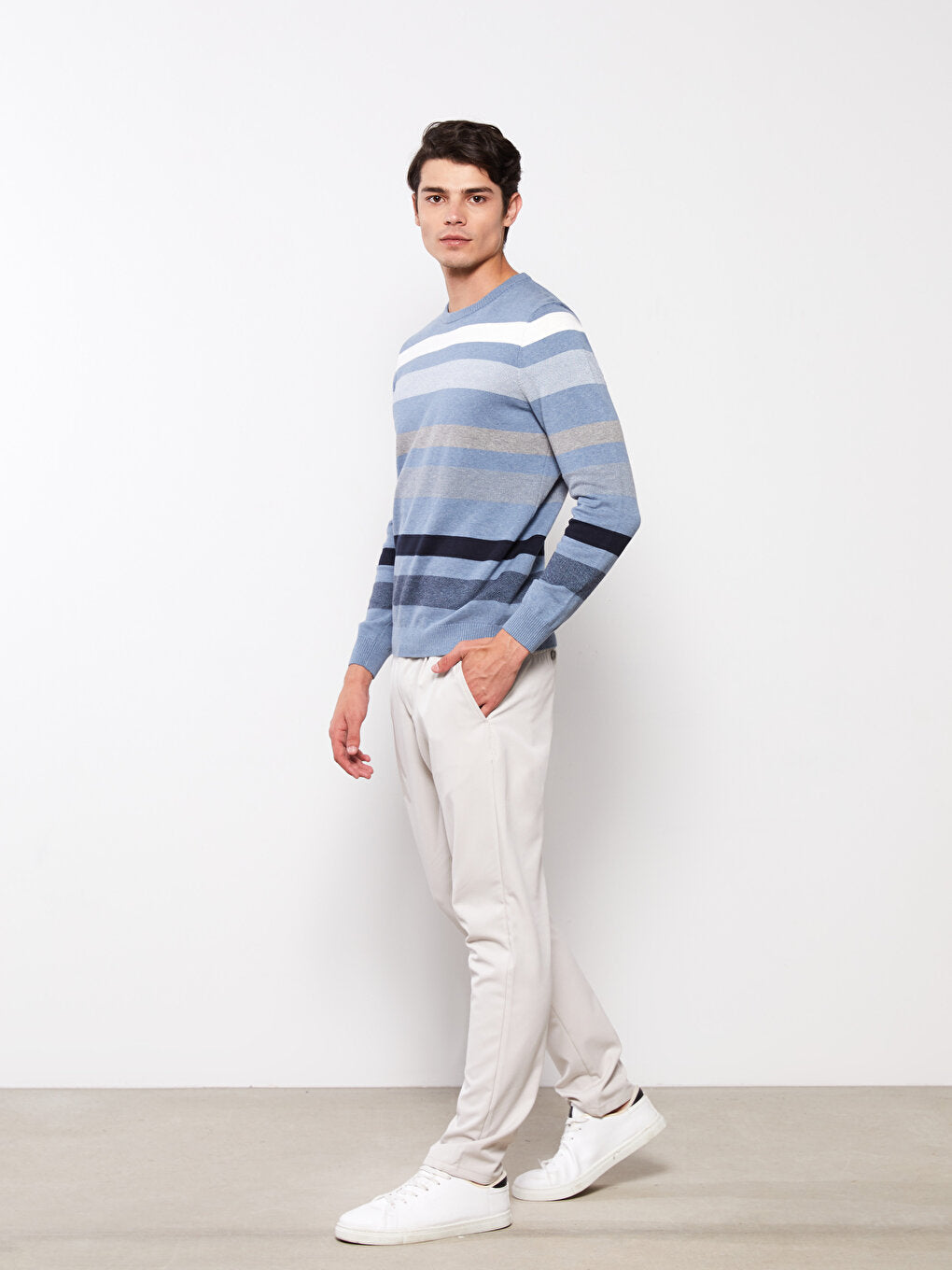 Crew Neck Long Sleeve Striped Men's Knitwear Sweater