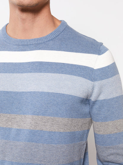 Crew Neck Long Sleeve Striped Men's Knitwear Sweater