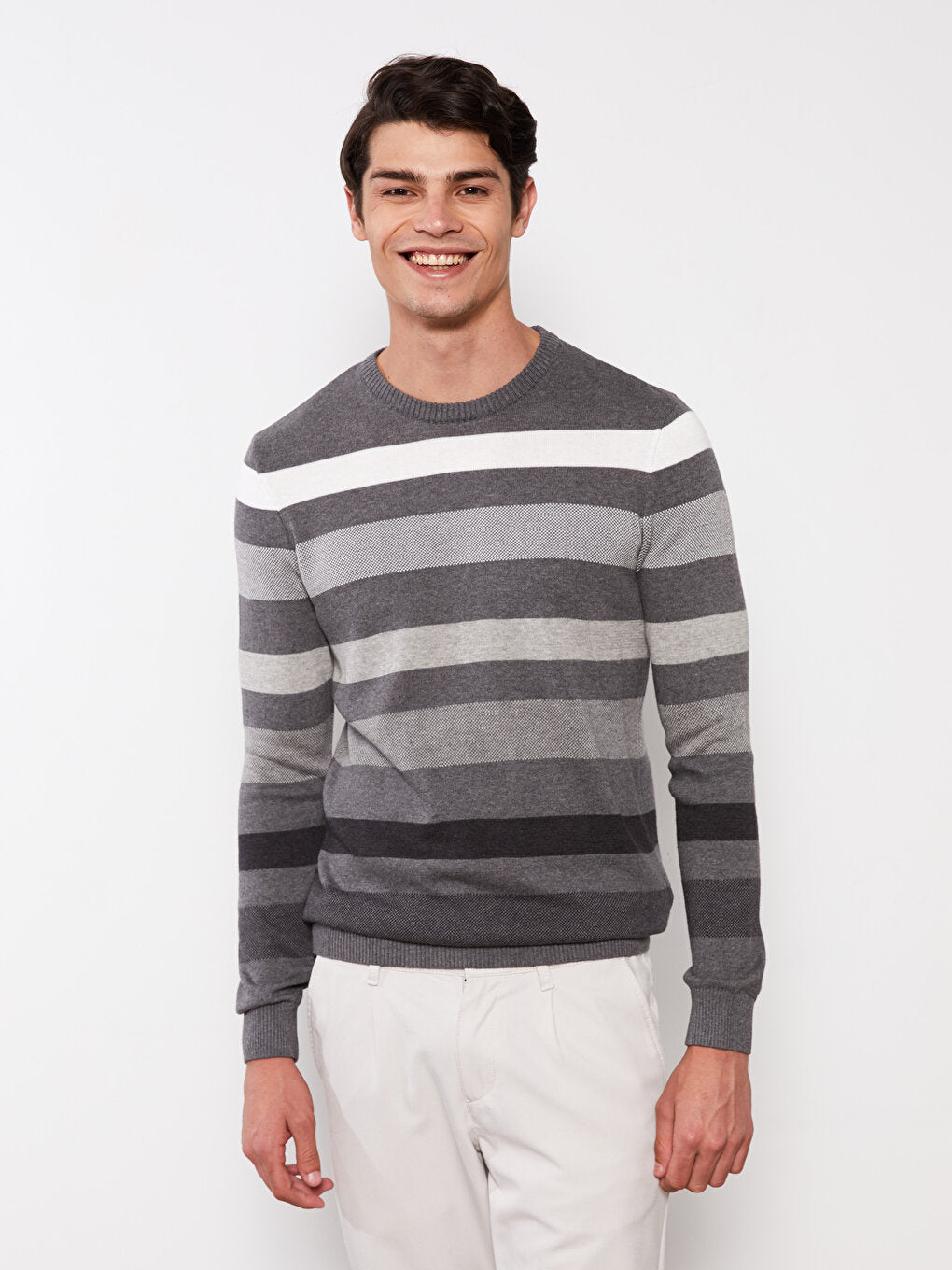 Crew Neck Long Sleeve Striped Men's Knitwear Sweater