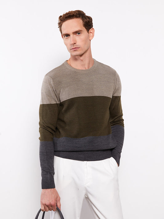 Crew Neck Long Sleeve Color Block Men's Knitwear Sweater