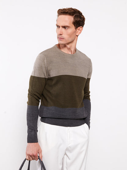 Crew Neck Long Sleeve Color Block Men's Knitwear Sweater