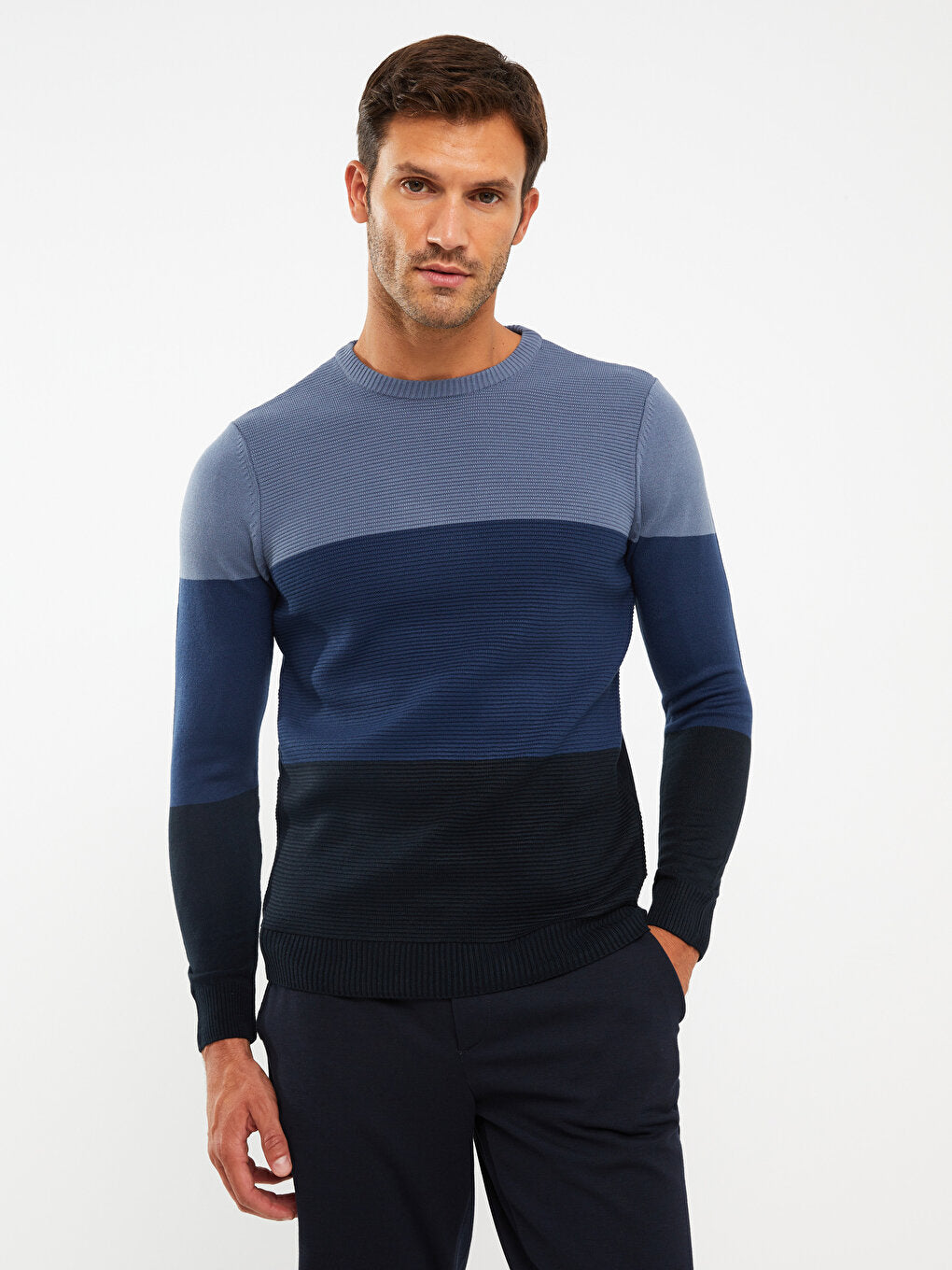 Crew Neck Long Sleeve Color Block Men's Knitwear Sweater