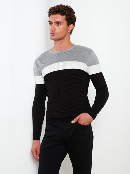 Crew Neck Long Sleeve Color Block Men's Knitwear Sweater