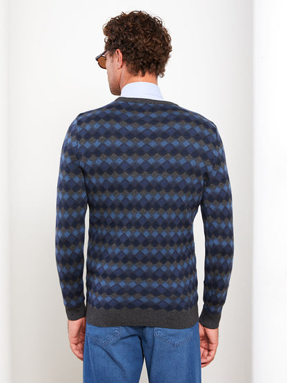 Crew Neck Long Sleeve Plaid Men's Knitwear Sweater