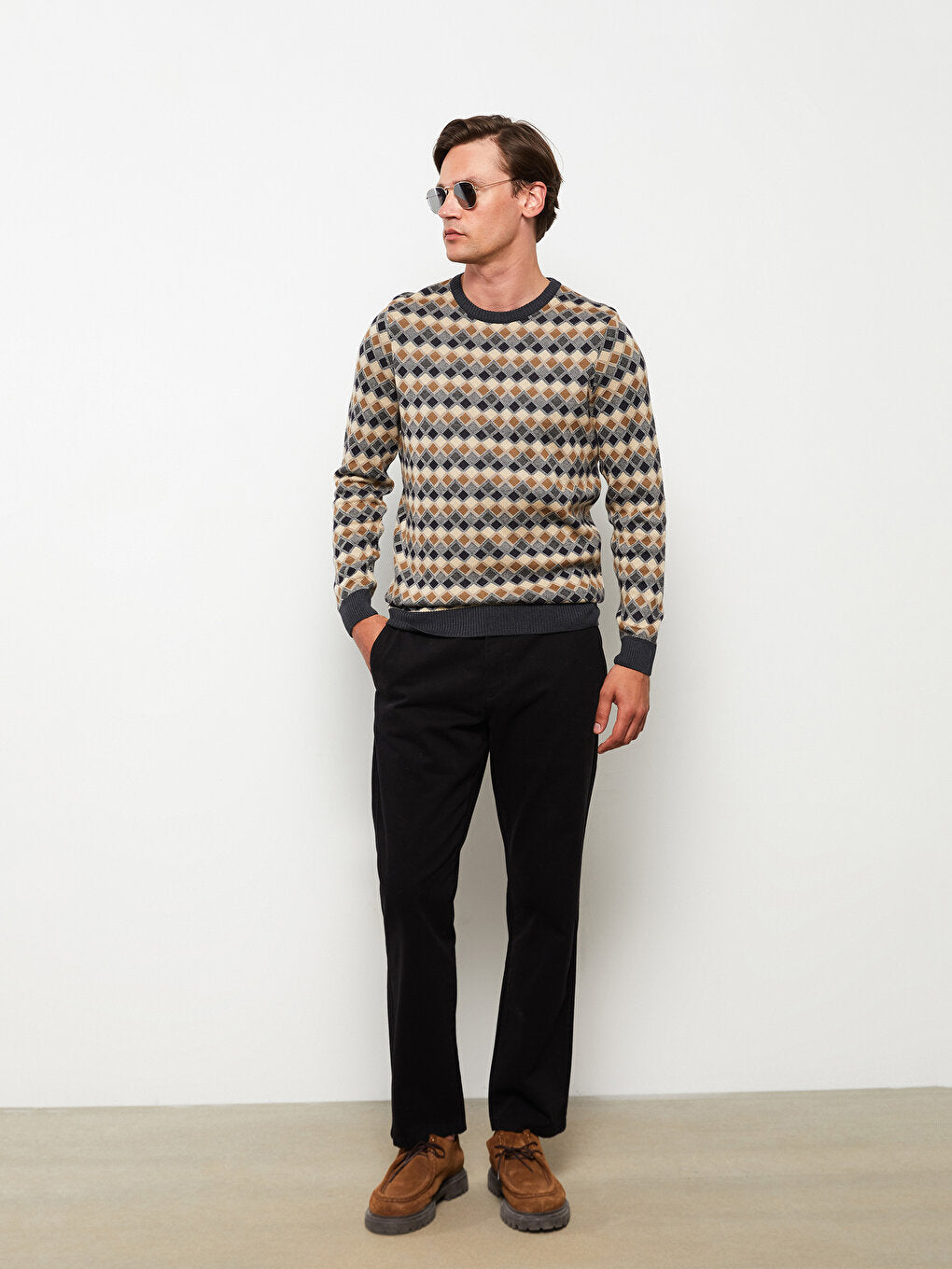 Crew Neck Long Sleeve Plaid Men's Knitwear Sweater