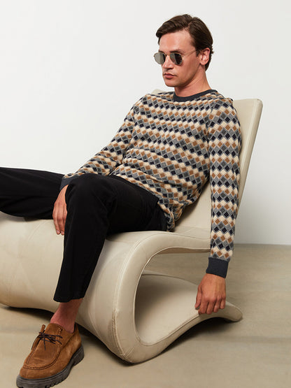 Crew Neck Long Sleeve Plaid Men's Knitwear Sweater