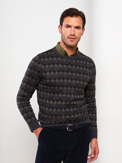 Crew Neck Long Sleeve Plaid Men's Knitwear Sweater