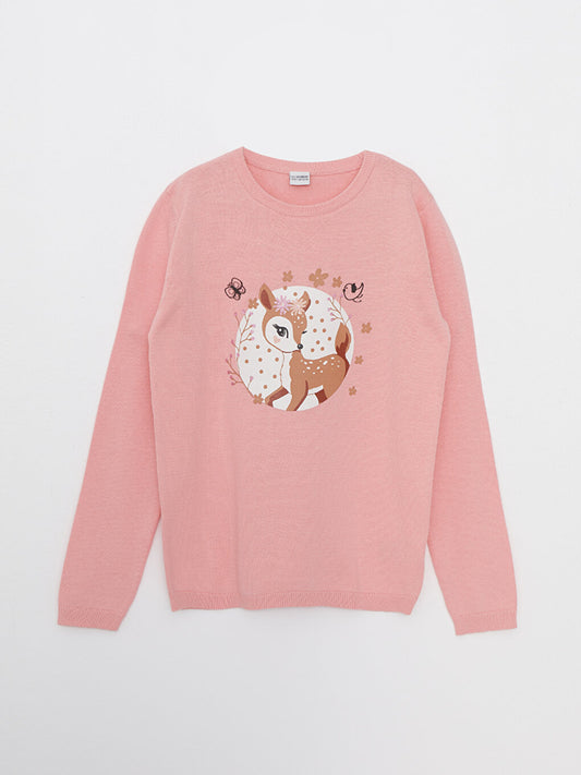 Crew Neck Printed Long Sleeve Girl's Knitwear Sweater