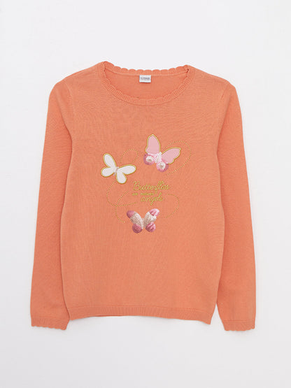 Crew Neck Embroidery Detailed Long Sleeve Girl's Knitwear Sweater