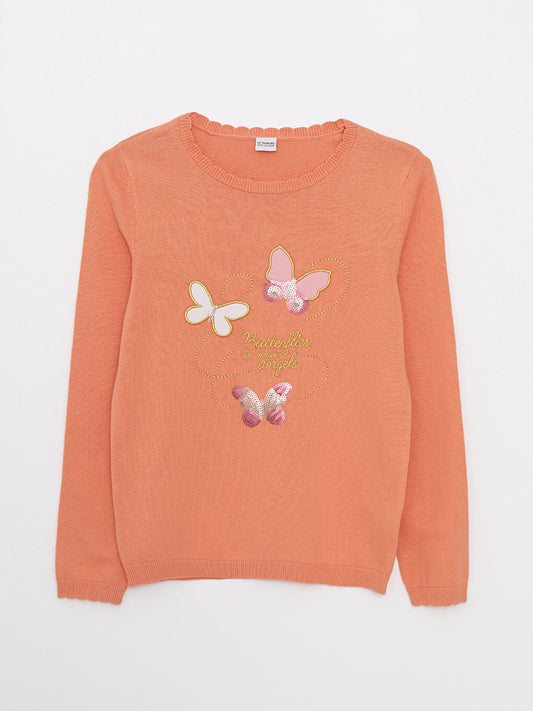 Crew Neck Embroidery Detailed Long Sleeve Girl's Knitwear Sweater