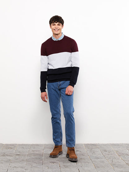 Crew Neck Long Sleeve Color Block Men's Knitwear Sweater