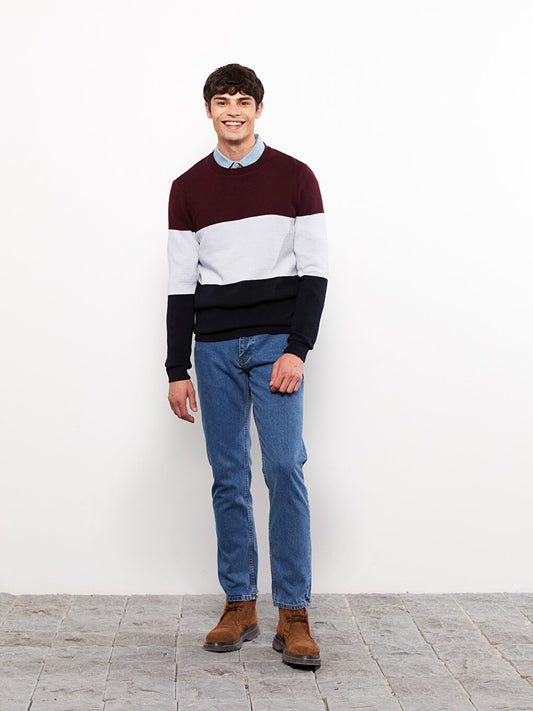 Crew Neck Long Sleeve Color Block Men's Knitwear Sweater