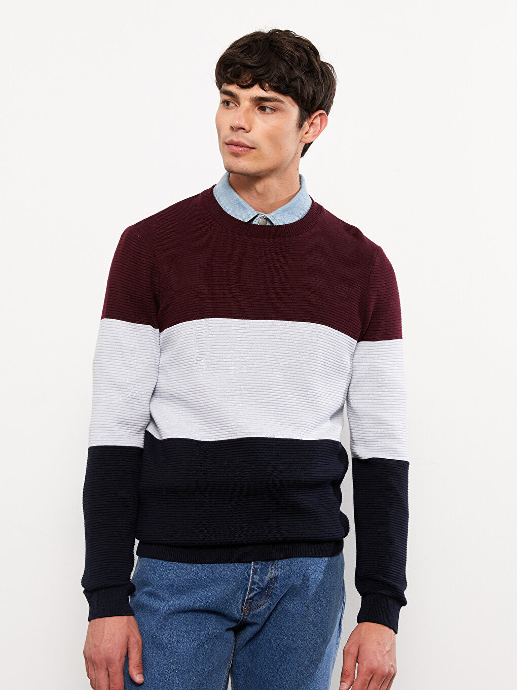 Crew Neck Long Sleeve Color Block Men's Knitwear Sweater