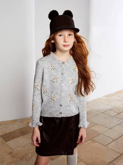 Crew Neck Embroidered Long Sleeve Girl's Knitwear Cardigan