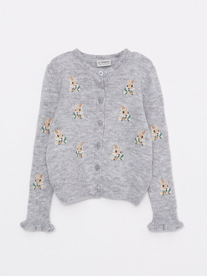 Crew Neck Embroidered Long Sleeve Girl's Knitwear Cardigan