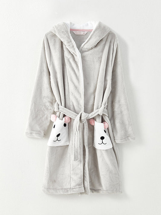 Hooded Embroidered Long Sleeve Plush Women's Dressing Gown with Pocket Detail