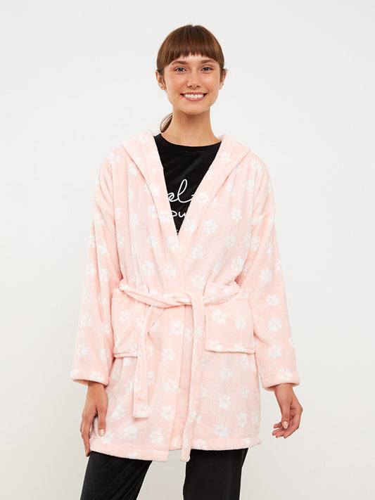 Hooded Patterned Long Sleeve Plush Women's Dressing Gown