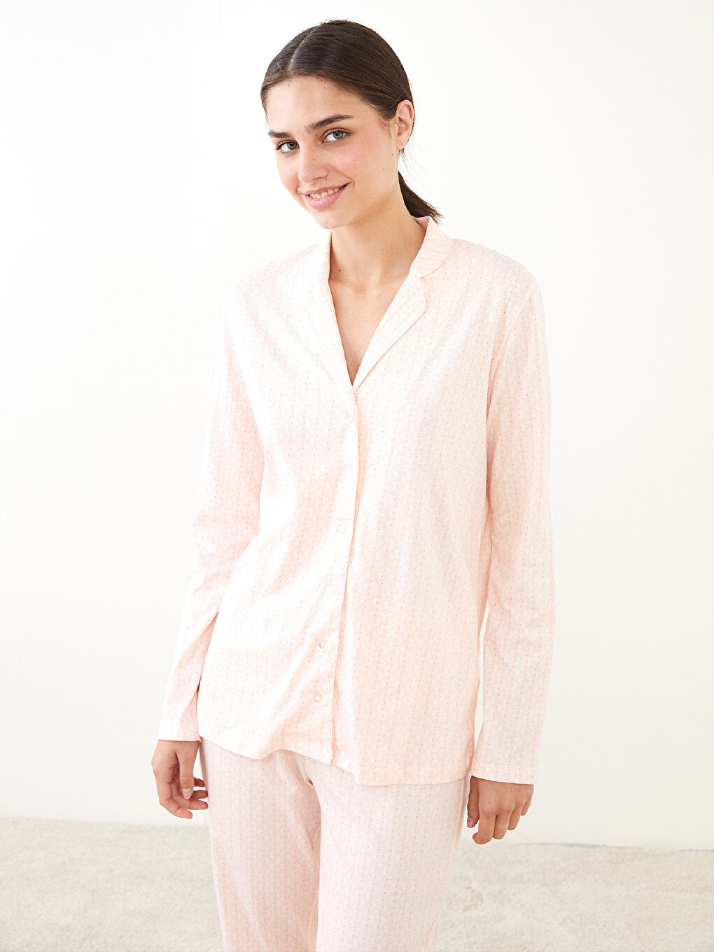 Shirt Collar Patterned Long Sleeve Cotton Women's Pajama Set