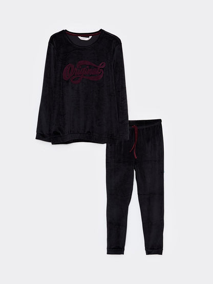 Crew Neck Embroidered Long Sleeve Fleece Women's Pajama Set