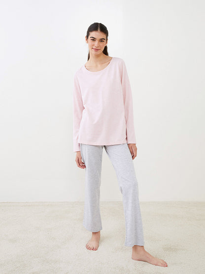 Crew Neck Plain Long Sleeve Women's Pajama Set