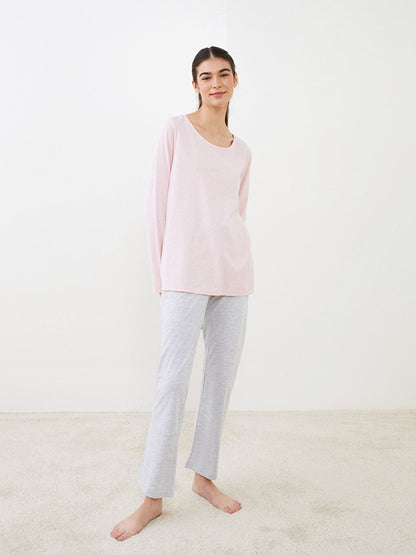 Crew Neck Plain Long Sleeve Women's Pajama Set