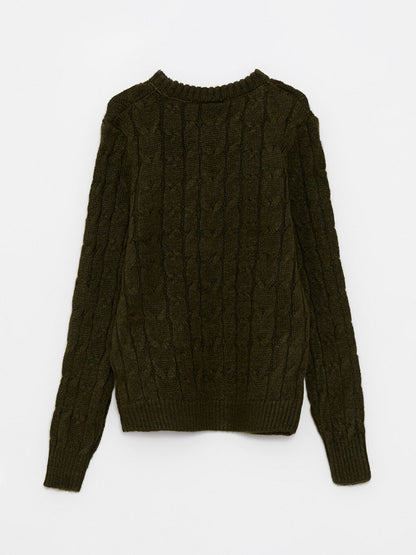 Crew Neck Long Sleeve Self Patterned Boy's Knitwear Sweater