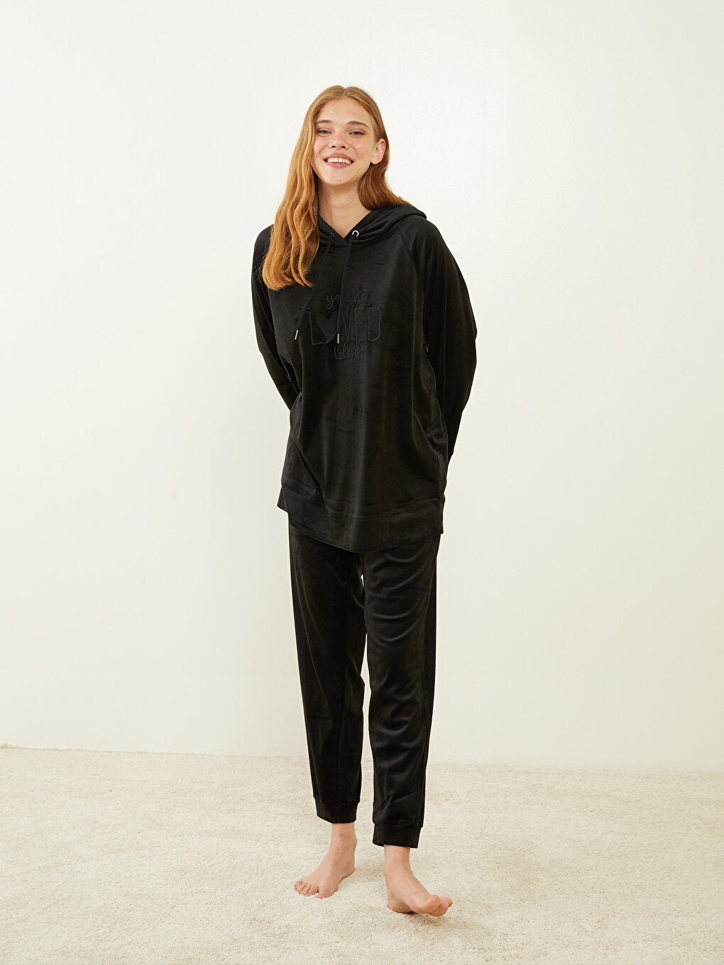 Hooded Printed Long Sleeve Velvet Women's Pajama Top