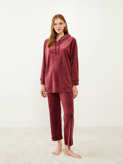 Hooded Printed Long Sleeve Velvet Women's Pajama Top