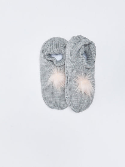 Plain Pompom Detailed Women's Knitwear Home Socks