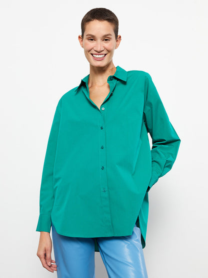 Front Button Closure Plain Long Sleeve Poplin Women's Shirt